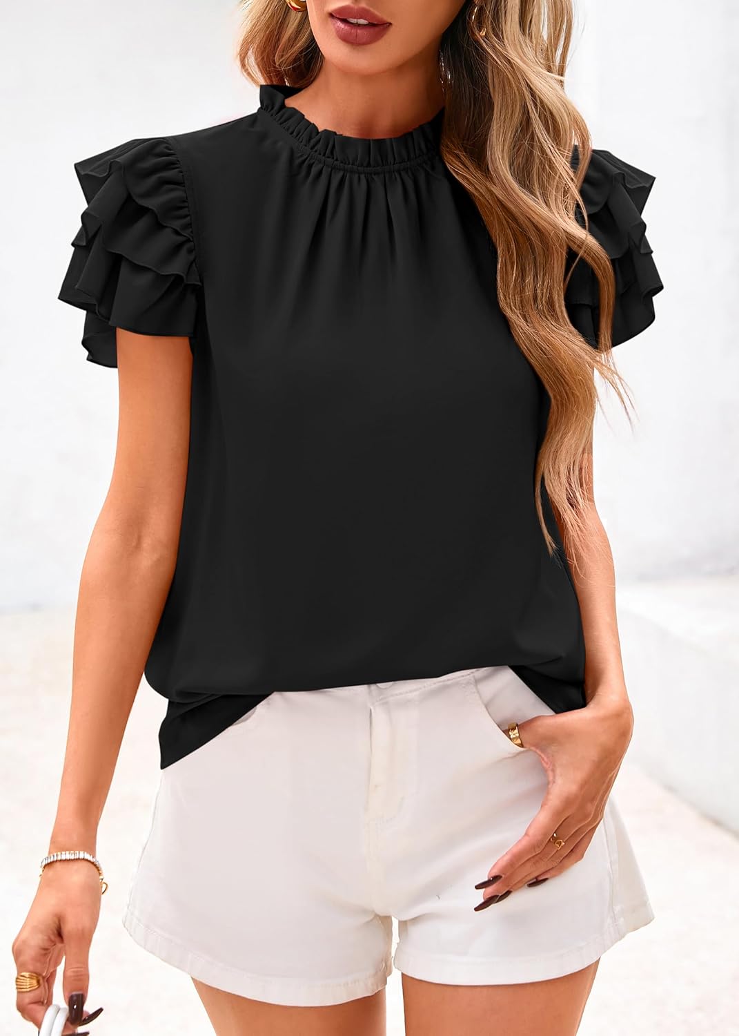 KIRUNDO Womens Blouse 2025 Spring Summer Dressy Casual Ruffle Short Sleeve Frill Mock Neck Work Shirt Tops Fashion Clothing