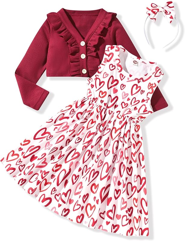 HINTINA Toddler Little Girls Dress And Cardigan Sets 2 Piece Floral Print Sleeveless Dress and Long Sleeve Cardigan Set