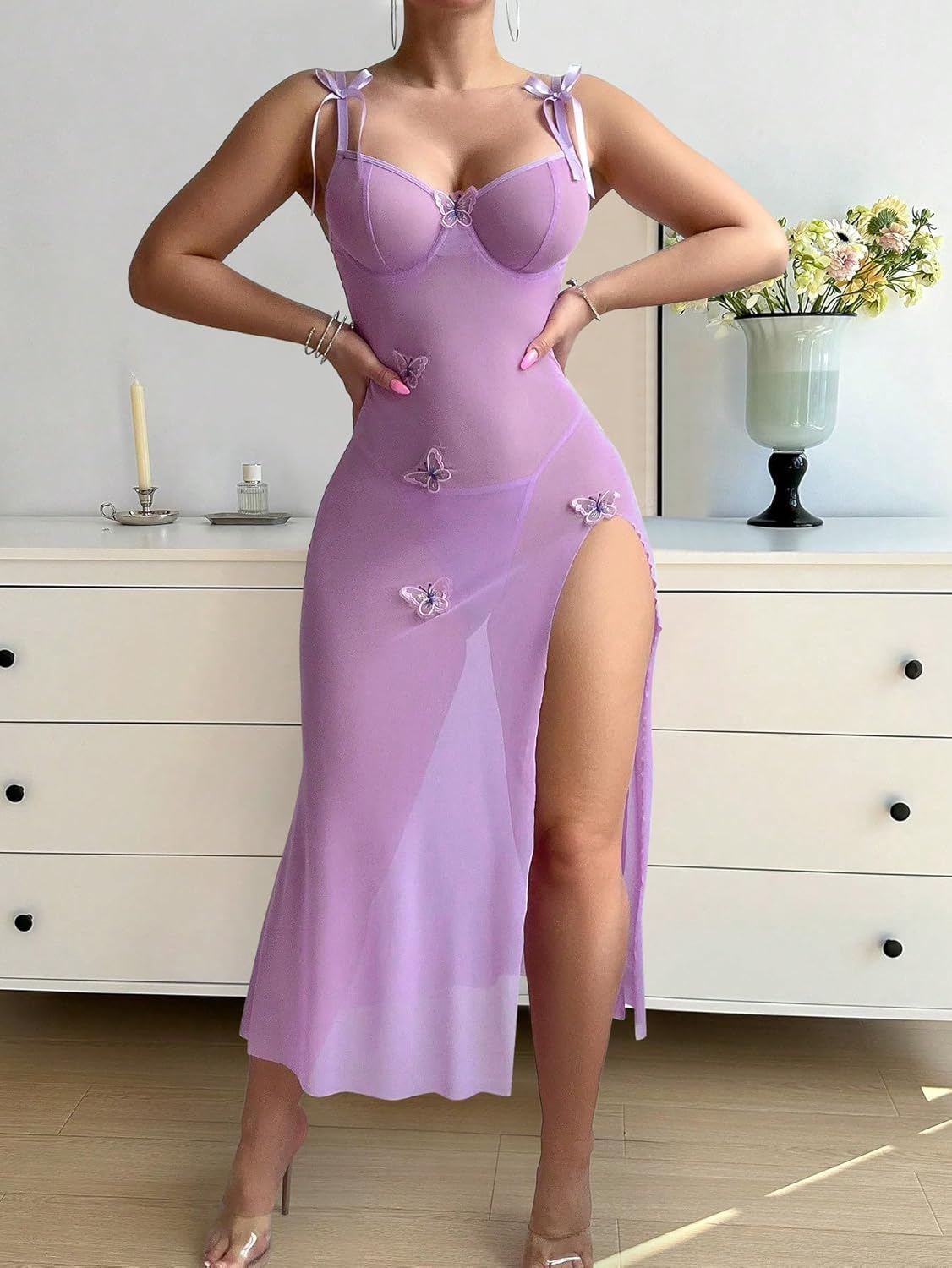Sexy Butterfly Split Leg Underwire Sheer Mesh Maxi Lingerie Dress with Thong 2 Piece Set