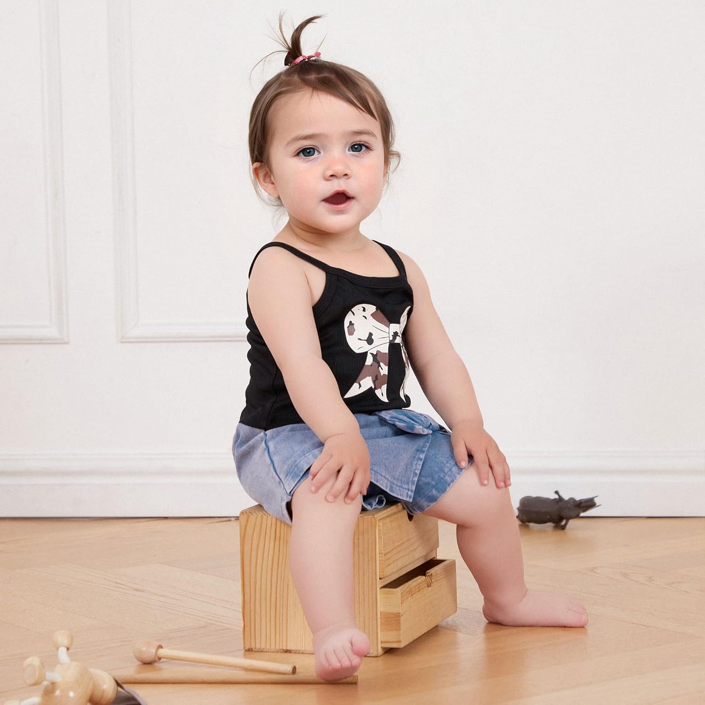 Emmababy Toddler Girls Denim Shorts Set Ribbed Crop Tank Top Sleeveless Bow Jean Shorts Skirt Western Baby Summer Clothes