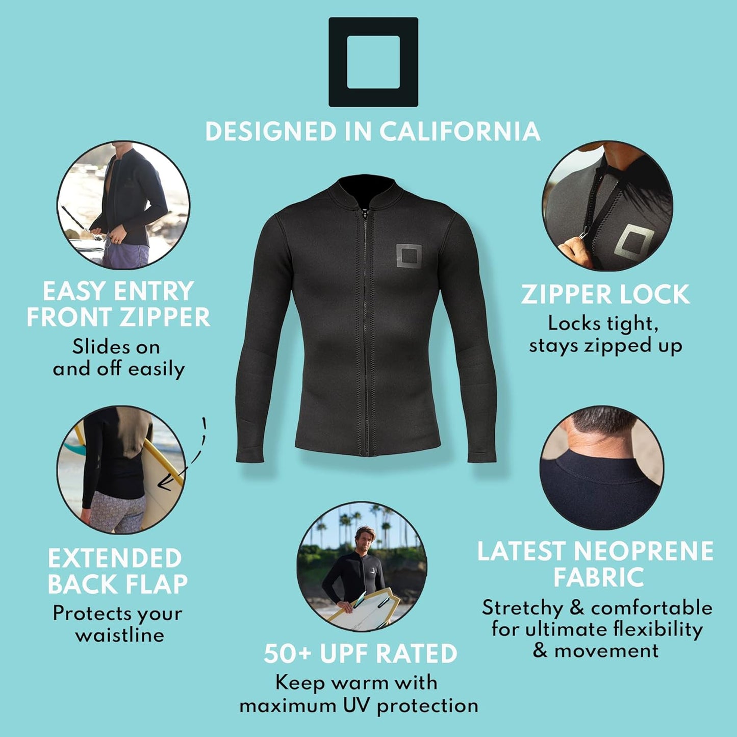 Men's Wetsuit Top Jacket 2mm or 3mm - Neoprene Long Sleeve for Warmth & Comfort, Extended Back Flap - Ideal for Surfing, Snorkeling & Watersports