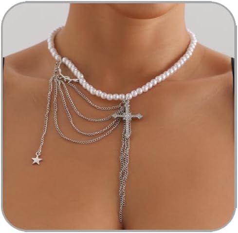 Gothic Cross Necklaces Layered Pearl Beads Cross Pendant Necklaces Punk Vintage Cross Chain Necklace Chunky Cross Necklace Gothic Jewelry for Women