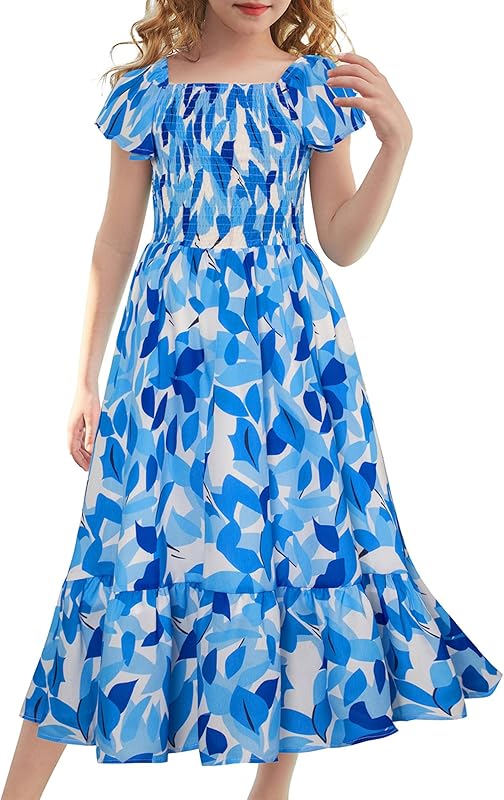 GRACE KARIN Girls Floral Dress Flutter Sleeve Square Neck Tiered Midi Dress Smocked Flared A-line Dress 5-14Y