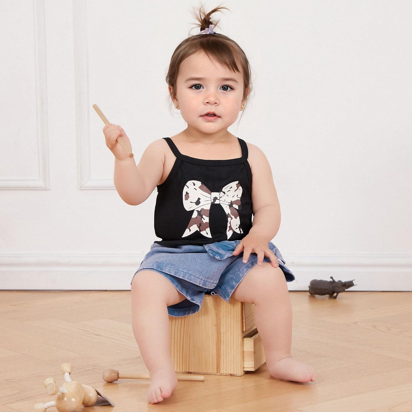 Emmababy Toddler Girls Denim Shorts Set Ribbed Crop Tank Top Sleeveless Bow Jean Shorts Skirt Western Baby Summer Clothes