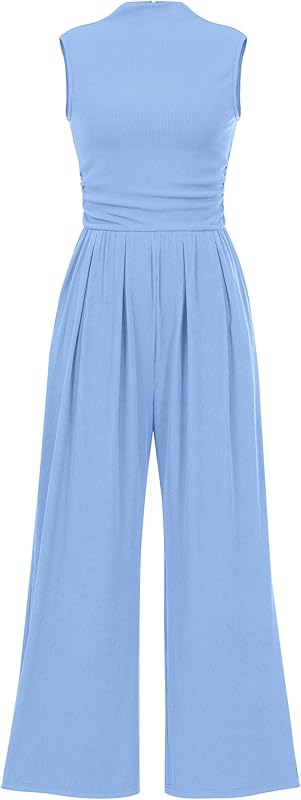 PRETTYGARDEN Womens Summer Jumpsuits Dressy Casual One Piece Outfits Sleeveless Mock Neck Wide Leg Pants Rompers with Pockets