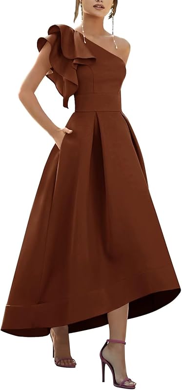 One Shoulder Satin Mother of Bride Dresses 2025 High-Low Ruffle Formal Evening Party Gowns