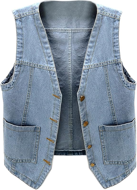 Womens Sleeveless Denim Vest V Neck Button Down Jean Waistcoat Y2K Casual Trendy Loose Fit Lightweight Jackets with Pockets