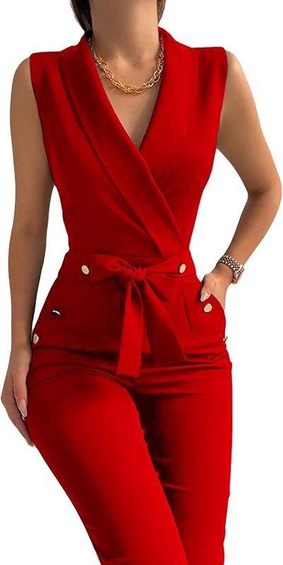 Women's Elegant Jumpsuits V Neck Sleeveless Straight Belted Long Pants Business Suits Set with Pockets