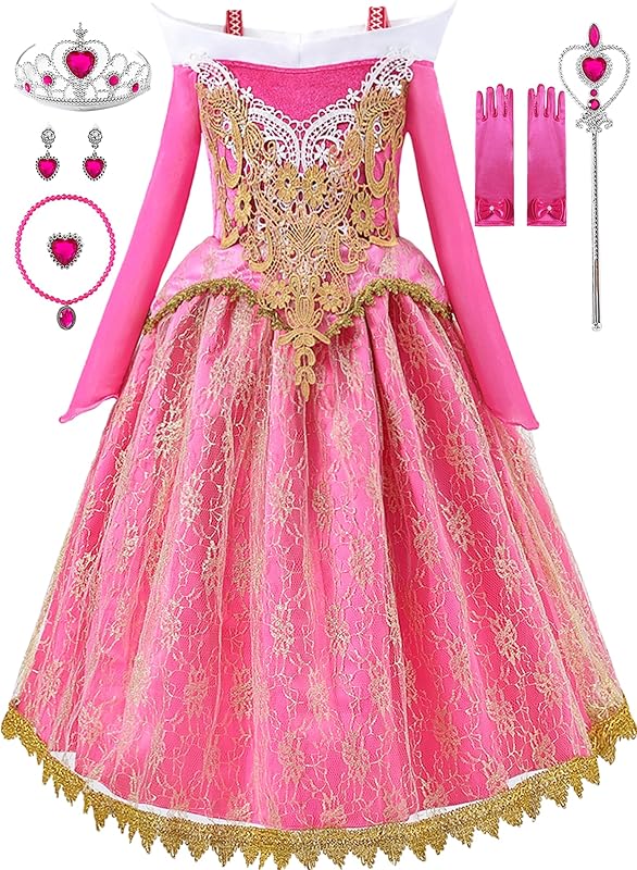 Girls Princess Costume Dresses Pink Princess Dress Up Clothes with Accessories for Halloween Cosplay Carnival Party