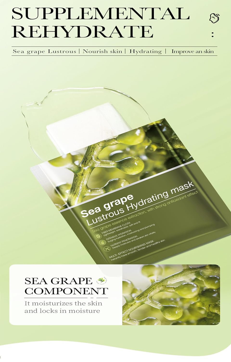 3PCS Hydrating Mask,Anti-Aging Facial Masks for Women Anti Wrinkle Face Mask with Sea Grape Extract for Wrinkle and Dull Reduction Deep Hydration, and Smoothing Skin Care Sheet Masks,25g/PC