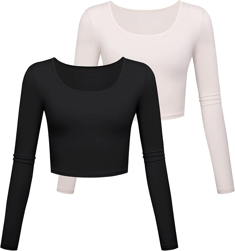 Long Sleeve Crop Tops for Women Workout Basic Clothes for Teen Ladies Fitted Slim Scoop Neck Cute Yoga Shirts