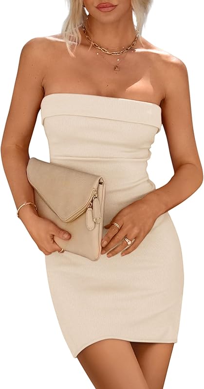 PRETTYGARDEN Summer Dresses for Women 2025 Strapless Off Shoulder Ribbed Knit Bodycon Elegant Classy Trendy Mini Beach Dress