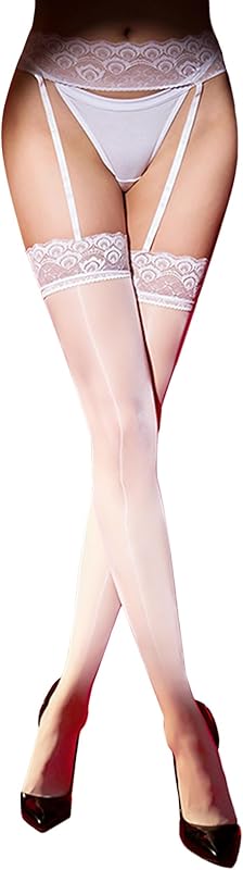 HTRUIYA Garter Stockings for Women Shiny Suspender Stockings Tights Lace Top Sheer Thigh High Silicone Control Pantyhose