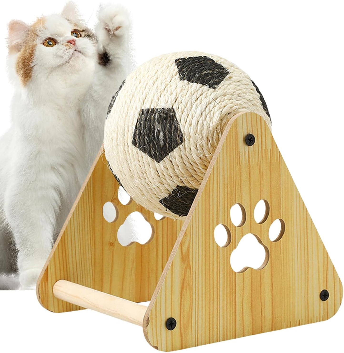 Kugelkratzer für rotierende Katze mit Holzsockel Fußballspielzeug Selbstspiel mit integrierter Nagelfeile | Interaktive Bewertung für Übungen und Anreicherung für Kätzchen und Katzen im Innenbereich |