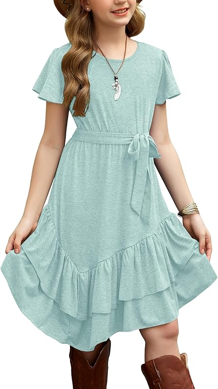 Arshiner Girls Dresses Loose Plain Casual Ruffle Swing Midi Dress with Belt for 5-14 Years