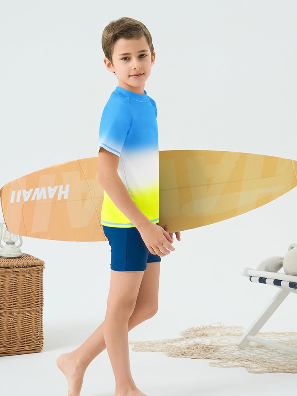 Haloumoning Boys Gradient Rash Guard Swim Shirt Short Sleeve UPF+ 50 Sun Shirts for Kids Rashguard Water Shirts