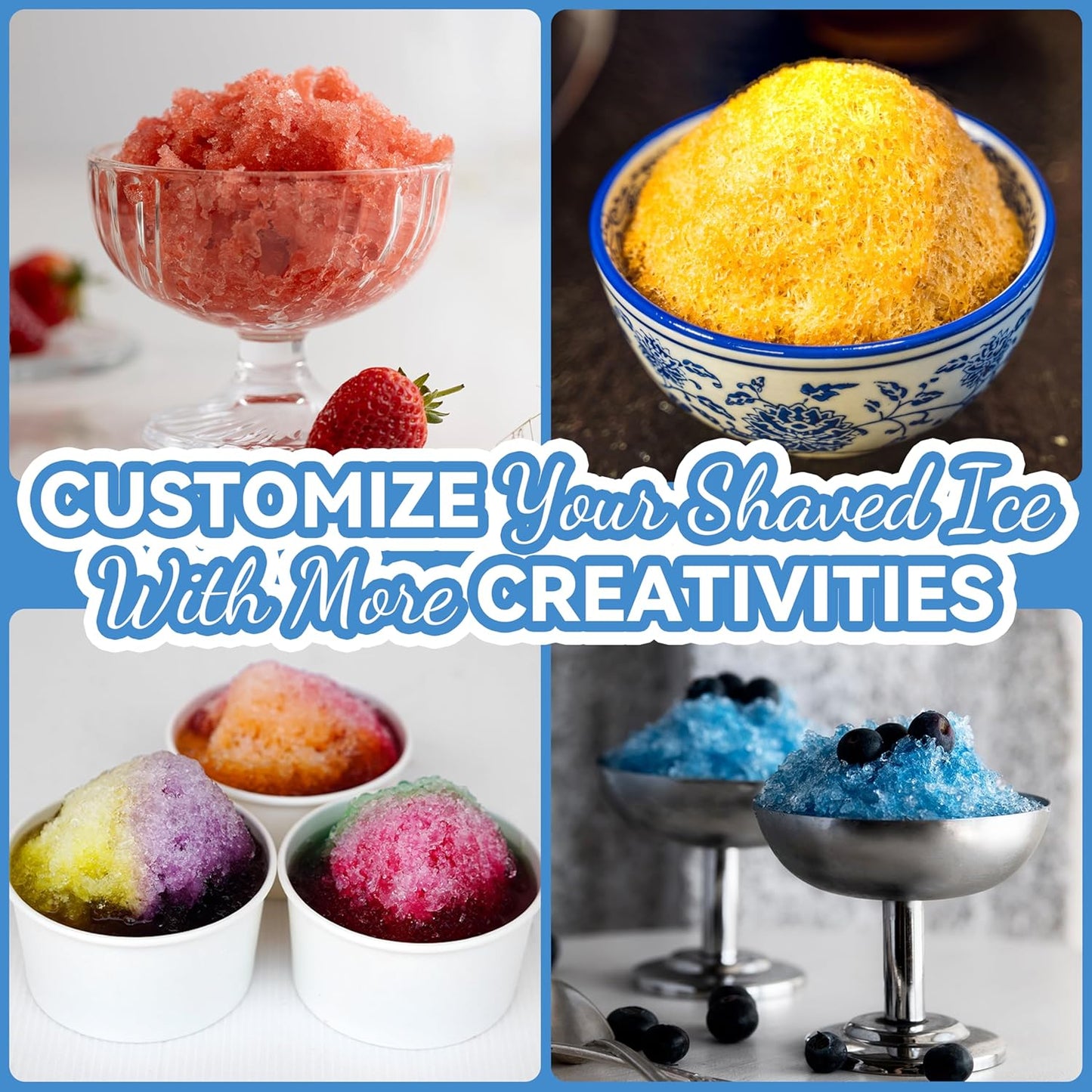 Manual Shaved Ice Maker Machine, Ice Shaver Machine, Snow Cone Maker Machine, Portable Ice Crusher, 10 Cups 10 Spoon Straws & Recipes Included (Blue)