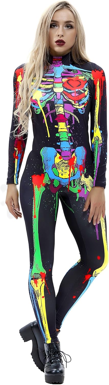 JJEUWE Women's Skeleton Halloween Bodysuit Costume Stretch Skinny Catsuit Jumpsuit