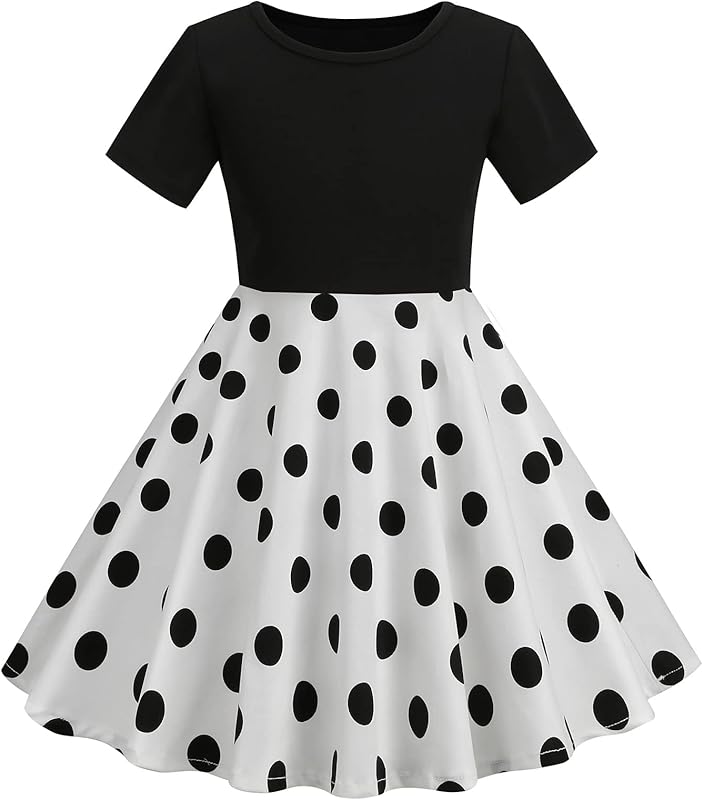 Kids Girls 50s Audrey Vintage Polka Dot Swing Party Rockabilly Dress Retro Peter Pan Doll Collar Wedding Casual Skater Dress