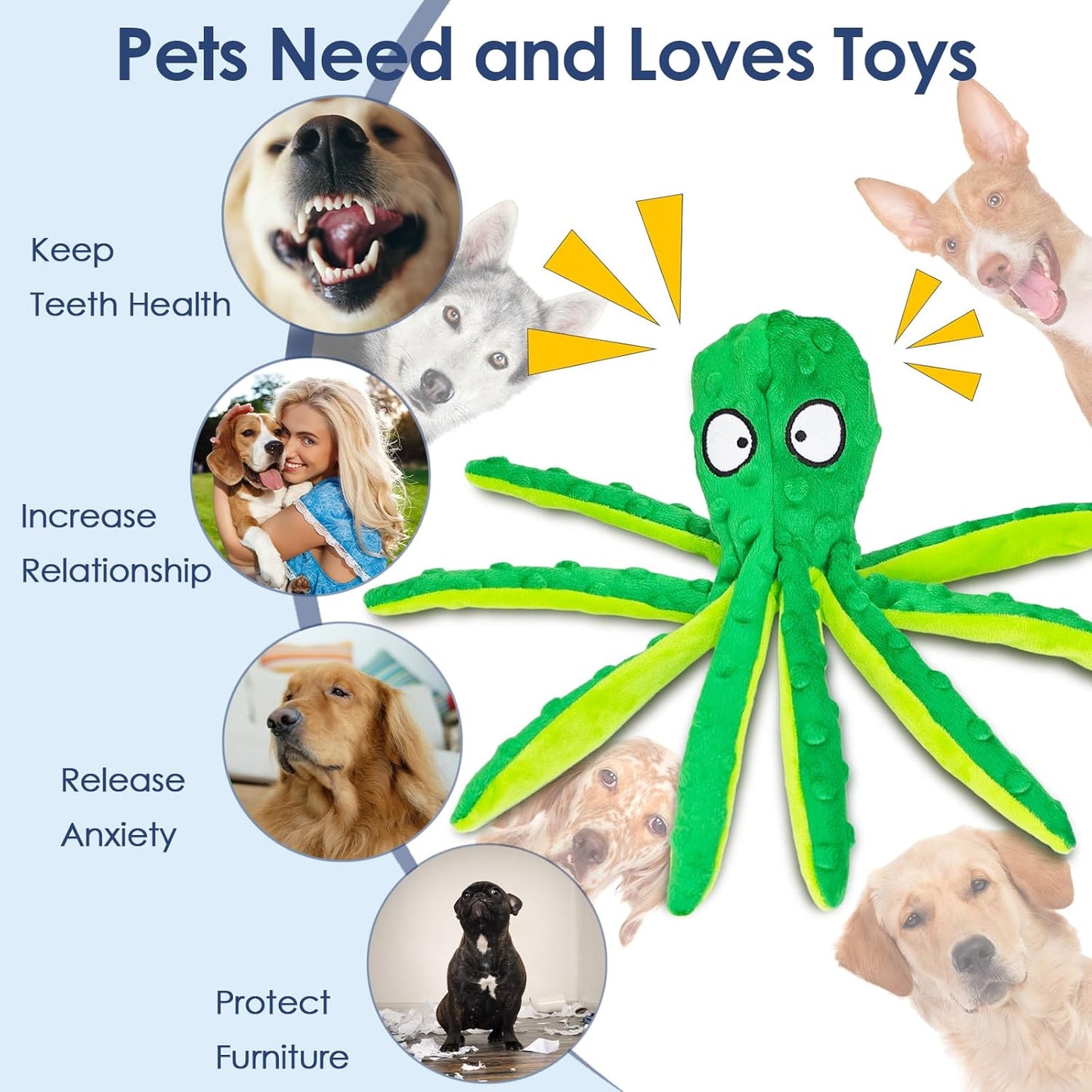 4 Pack Squeaky Dog Toys - Octopus Plush Dog Toys for Aggressive Chewers, No Stuffing, Crinkle, Durable Interactive, 4 Colors
