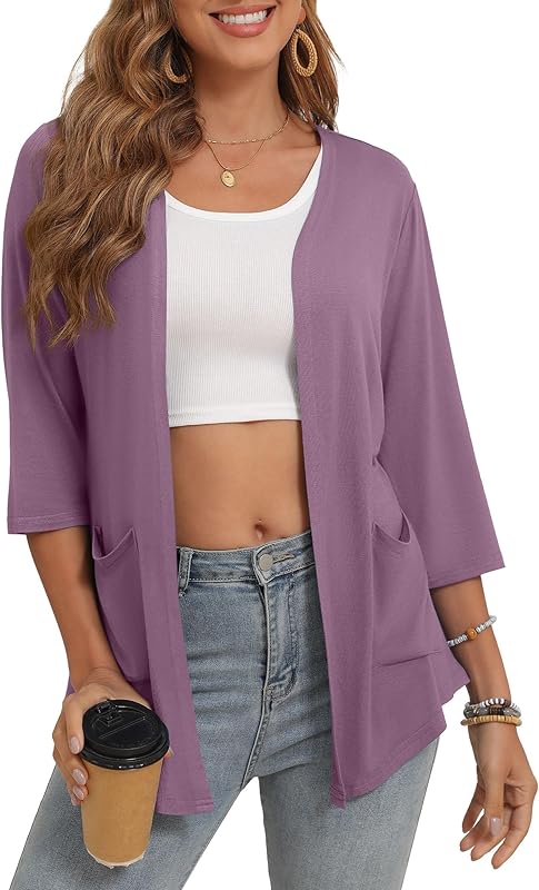 Women's 3/4 Sleeve Open Front Cardigan Casual Loose Lightweight Cardigans with Pockets