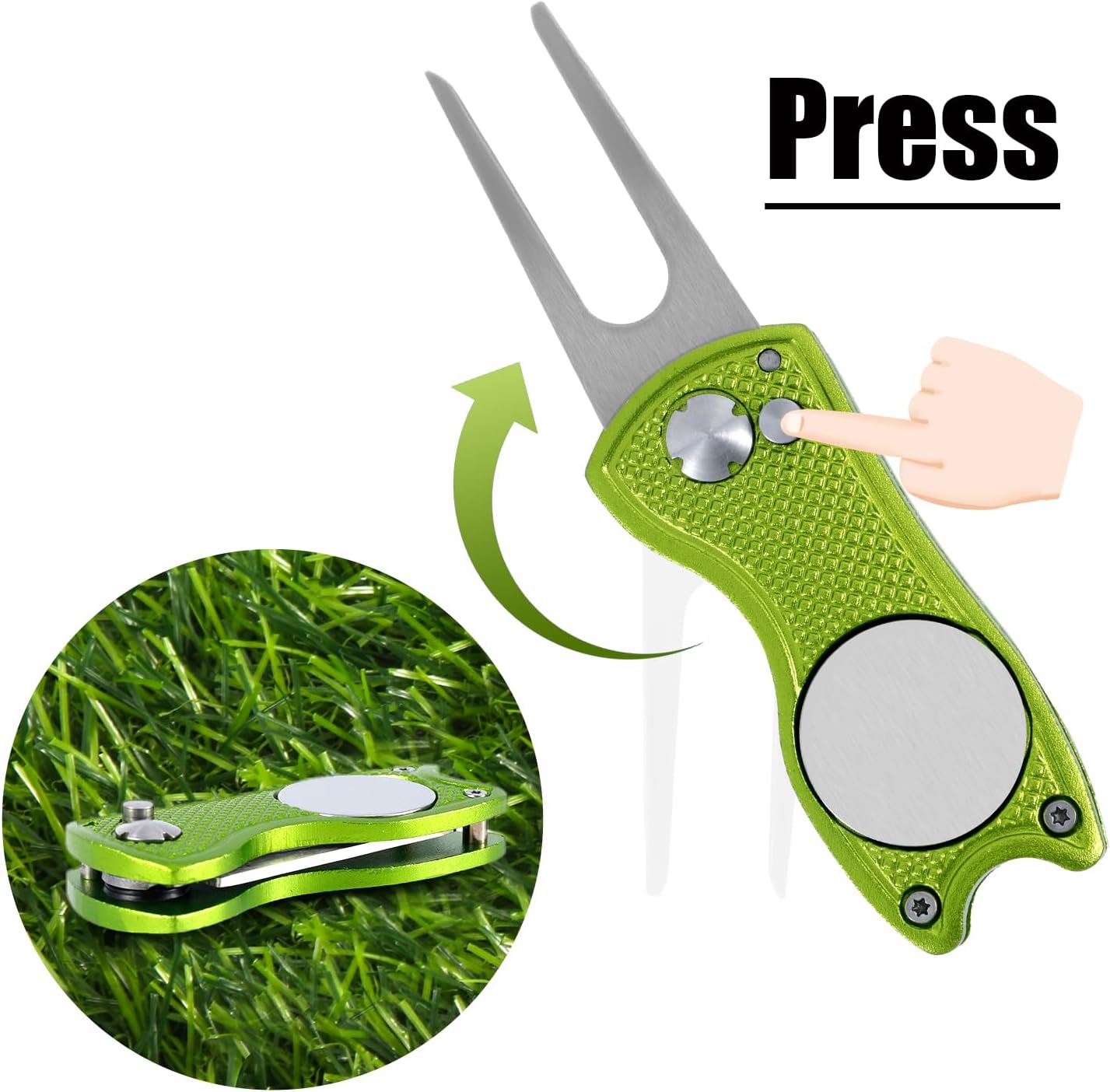 Golf Divot Repair Tool, Stainless Steel Divot Repair Tool Foldable Pop-up Divot Turf Fork Golf Metal Putting Fork Golf Turf Fork Ball Marker Divot Tool for Golf Lover