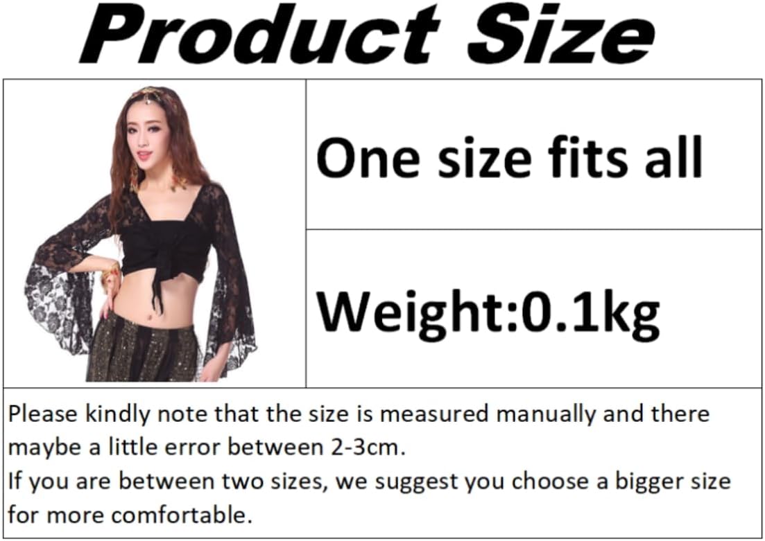 Women Belly Dance 3/4 Flared Sleeve Wrap Top, Knot Bandage Floral Shawl Crop for Dancewear, Lace Butterfly Tribal Yoga Costume Accessories for Women Girls