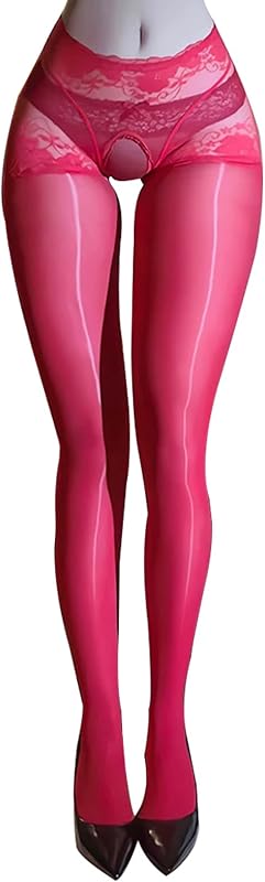 Women's Oil Shiny Pantyhose Lace Crotch High Waist Stockings Tights Oil Shimmer Tights Ultra Silky 8 Denier