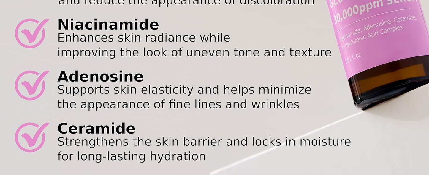 Pure Glutathione Glow Serum 30,000 ppm for Dark Spots & Uneven Tone – Radiance-Boosting Formula with Niacinamide, 5x Hyaluronic Acid & Ceramide – Smooth, Luminous for Sensitive Skin Korean Skincare