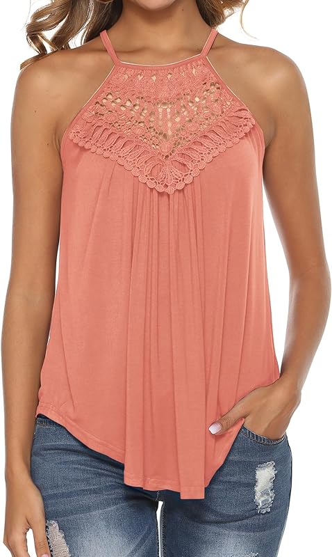 Bluetime Halter Tops for Women Sexy Sleeveless Lace Crochet Dressy Flowy Tank Top Cute Summer Shirts