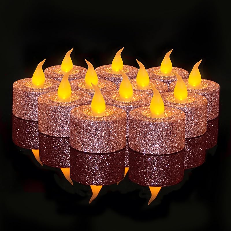 FURORA LIGHTING Pink Glitter LED Tealight Candles Pack of 12, Flameless Flickering Tealight Candles for Home Décor, 1.5’’(W) x 1.65’’(H), Battery Operated