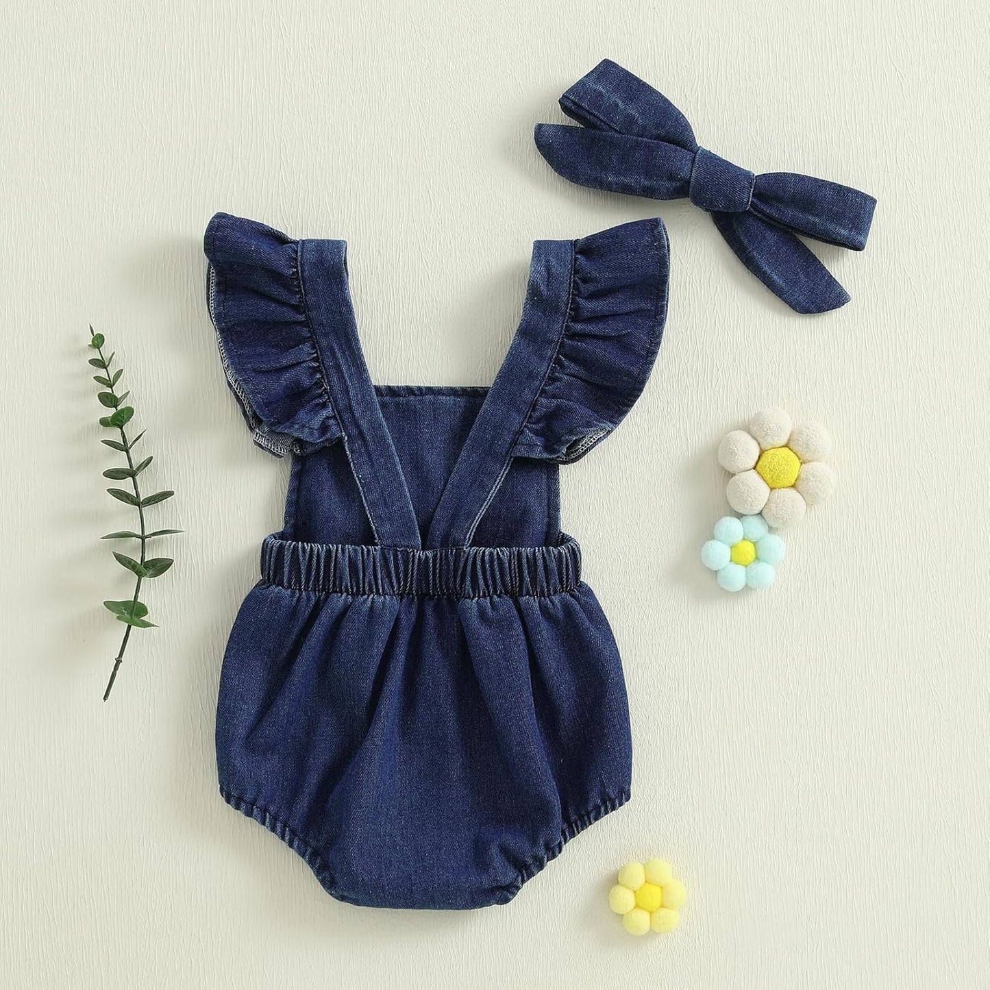 Newborn Baby Girl Romper Ruffle Fly Sleeve 3D Flower Embroidery Denim Jeans Bodysuit Heandband Summer Outfit Clothes