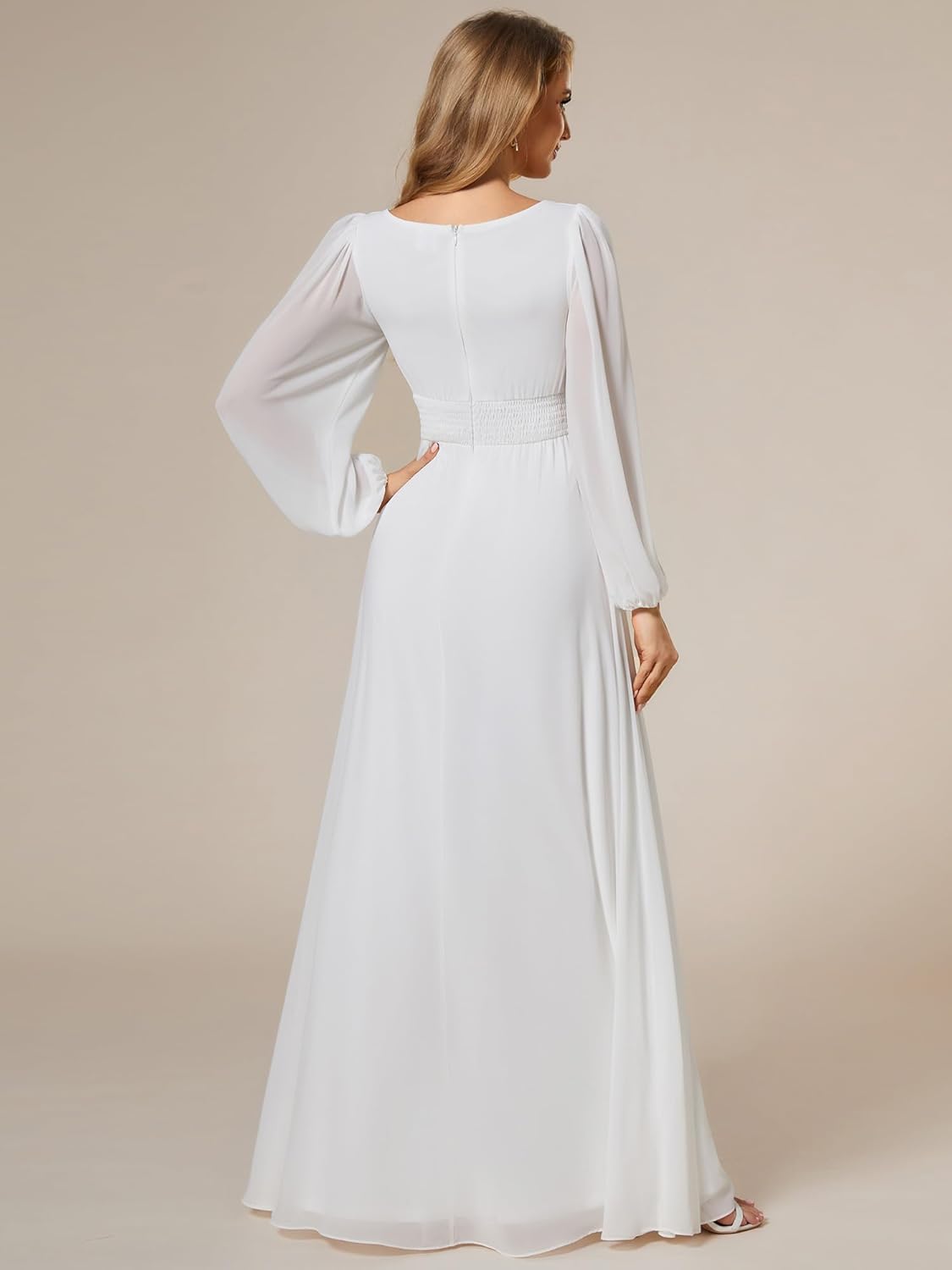 Ever-Pretty Women's Crewneck Long Lantern Sleeves Floor Length A-Line Pleated Chiffon Formal Dress 0106B