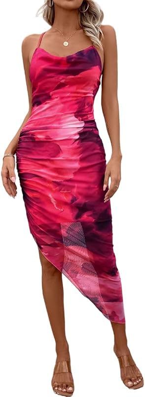SOLY HUX Women's Tie Dye Cowl Neck Split Hem Bodycon Cami Dress Backless Long Dresses