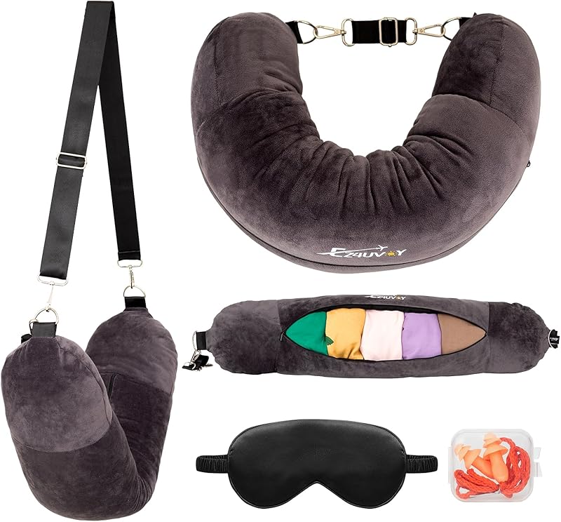 Travel Neck Pillow Stuffable with Clothes, Stuffable Neck Pillow for Travel, Packable Fillable Storage Bag for Airplane Travel, Soft Velvet Neck Pillow Case Cover