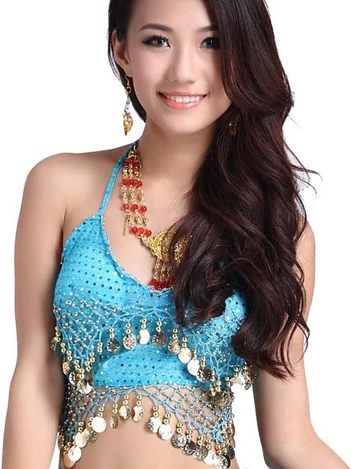 Lady's Belly Dance Bandage Coin Bra Top with Chest Pad