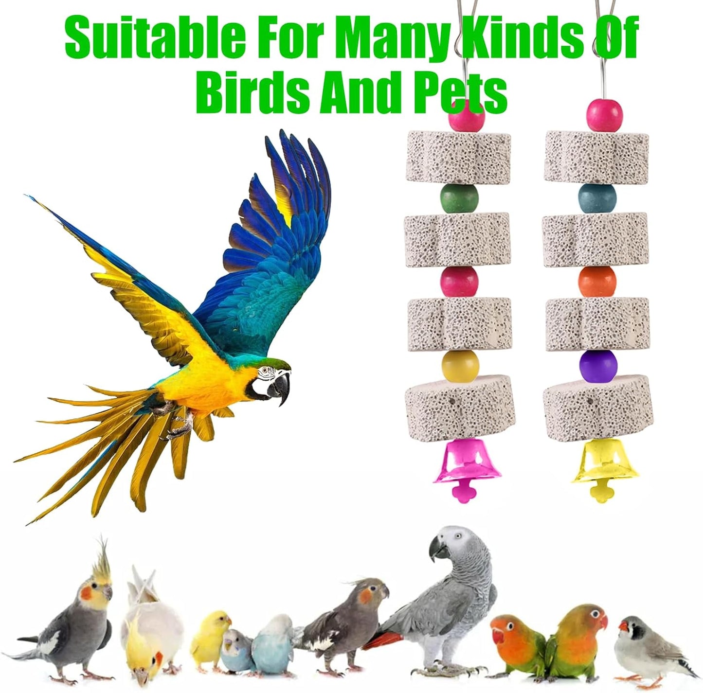 2 Pièces Jouet à Mâcher pour Oiseaux, Pierre Minérale avec Bec D'oiseau, Oiseaux à Mâcher Jouets Minéral, Pierre de Calcium avec Cloches, pour Perruches, Perroquets, Inséparables, Chinchillas, Lapins