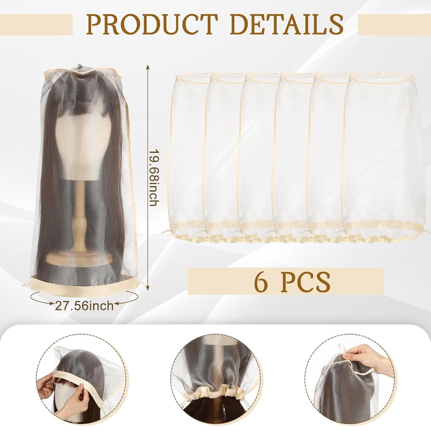 Loopeer 6 Pcs Wig Storage Bags Adjustable Wig Bag with Drawstring Portable Travel Organizer for keep from Dirt Dust(Beige)