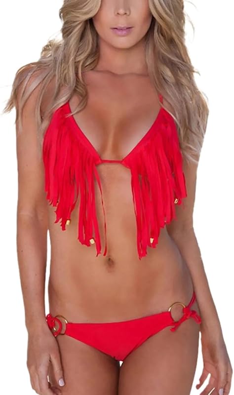 Women Sexy Swimsuit with Tassels Halter Top Low Waist Bandage Bikini Set Hanging Neck Removable Padded Bra Beach Swimwear