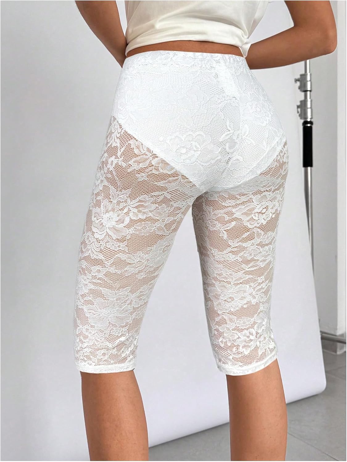 Women's Lace See Through Capri Pants Elastic High Waisted Skinny Leggings Cropped Trousers