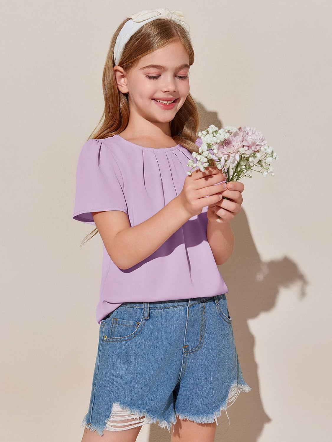 Girls Shirts Summer Short Sleeve Cute Tops Chiffon Pleated Blouses 5-14 Years