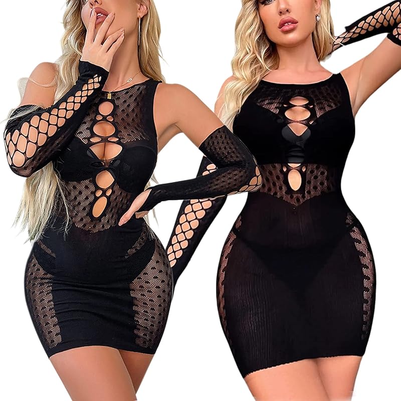 RechicGu Women's Fishnet Lingerie Mesh Hole Chemise Lingerie Long Sleeved Babydoll Bodysuit Dress Free Size for Women