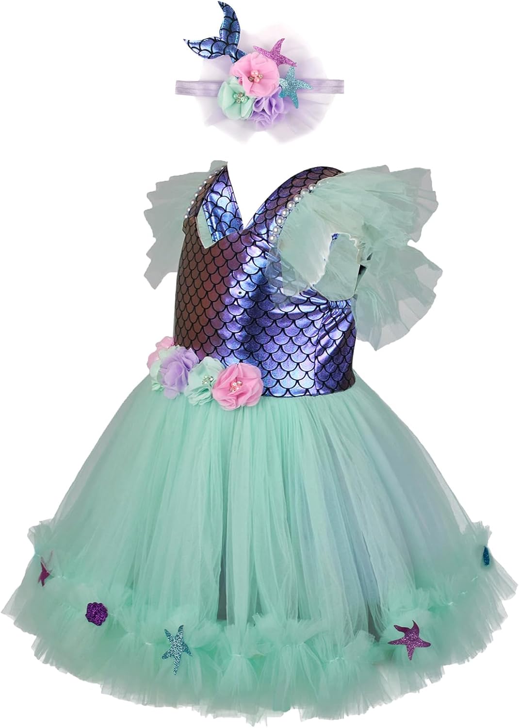 Kids Girls Mermaid Tutu Dress Outfit Fly Sleeve Tulle Patchwork A-line Dress with Headband