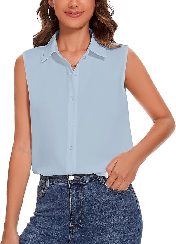 YAMANMAN Womens Sleeveless Button Down Shirt Classic Collared Blouse Basic Tank Tops Work Office Chiffon Tops