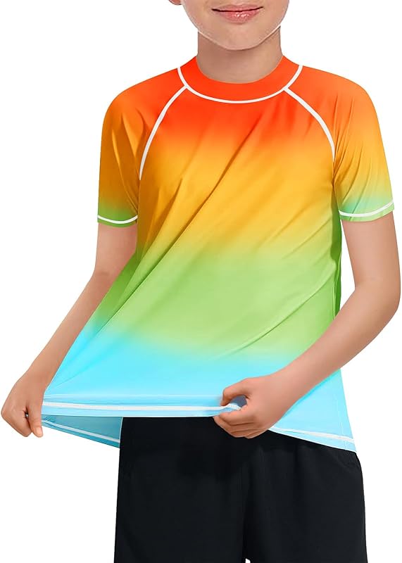 Haloumoning Boys Gradient Rash Guard Swim Shirt Short Sleeve UPF+ 50 Sun Shirts for Kids Rashguard Water Shirts
