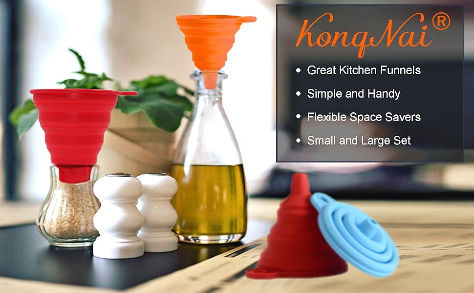 KongNai Kitchen Funnel Set 4 Pack, Small and Large, Kitchen Gadgets Accessories Foldable Silicone Collapsible Funnels for Filling Water Bottle Liquid Transfer Food Grade