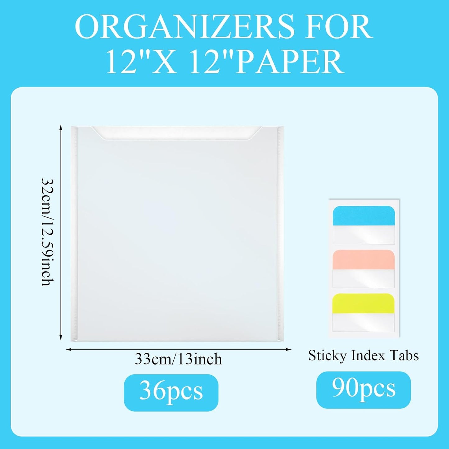 36 Pcs 12 x 12 Inch Storage Organizer with 90 Pcs Sticky Index Tabs Clear Paper Storage Bag for Holding Scrapbook Paper, Cardstock, Vinyl, Photos, Files