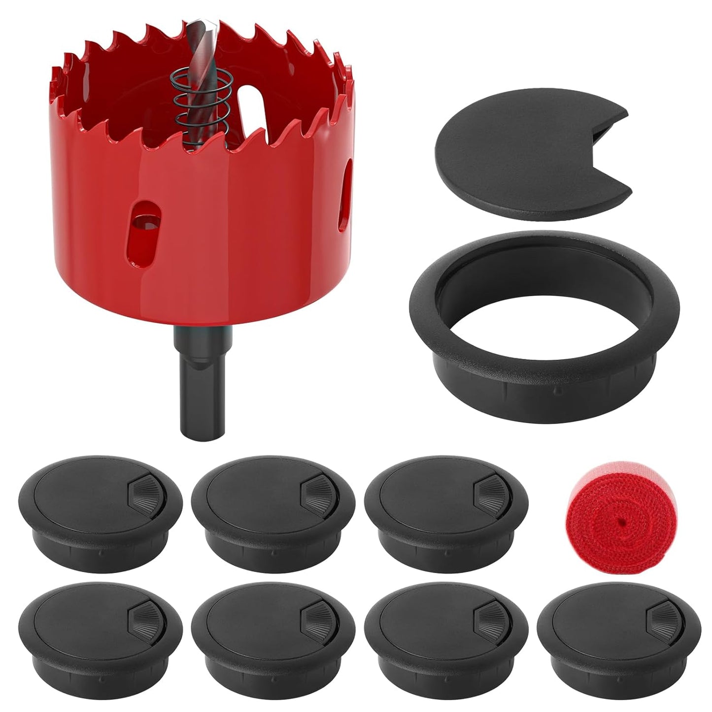 8PCS Black 2-3/8" (60 mm) Desk Grommet, Desk Cable Hole Cover with Hole Saw, Desk Grommet with Hook and Loop Tape
