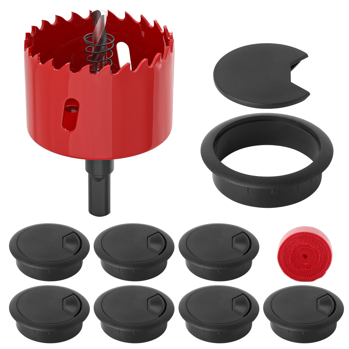 8PCS Black 2-3/8" (60 mm) Desk Grommet, Desk Cable Hole Cover with Hole Saw, Desk Grommet with Hook and Loop Tape