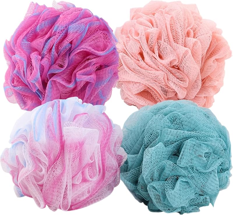 BTYMS 4 Pieces Shower Loofahs Bath Sponges 60g/pcs Mesh Puffs Body Scrub Luffas Bath Scrunchies for Shower Exfoliate